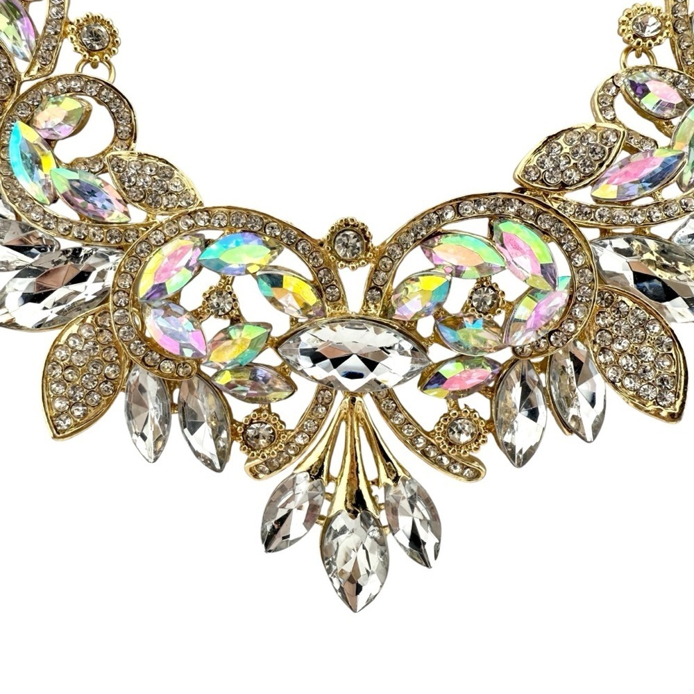 Elegant Iridescent Gold Tone Crystal Statement Necklace - Picture 6 of 12